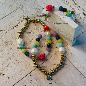 Beaded bracelets with gold accents.