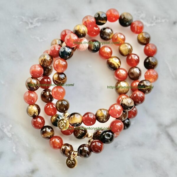 Red carnelian and tiger eye bracelets.