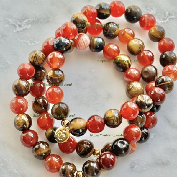 Red carnelian and tiger's eye beaded bracelets.