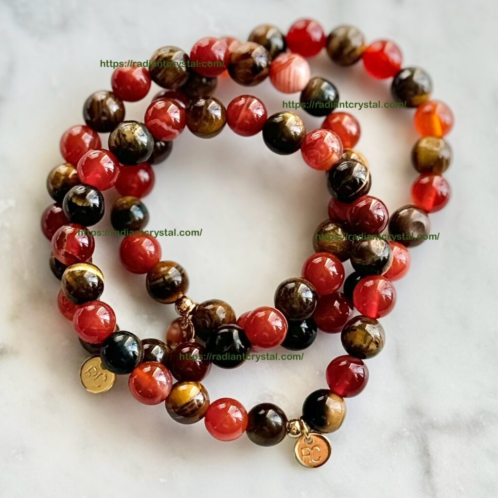 Red carnelian and tiger's eye bracelets.