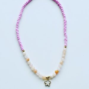 A necklace with pink beads and a star charm.