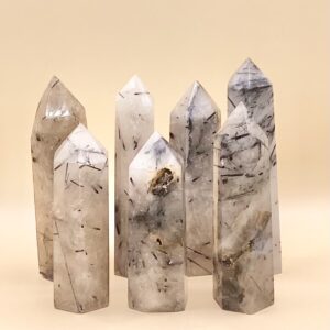 A set of five Black Tourmaline Rutile In Quartz Towers on a beige background.