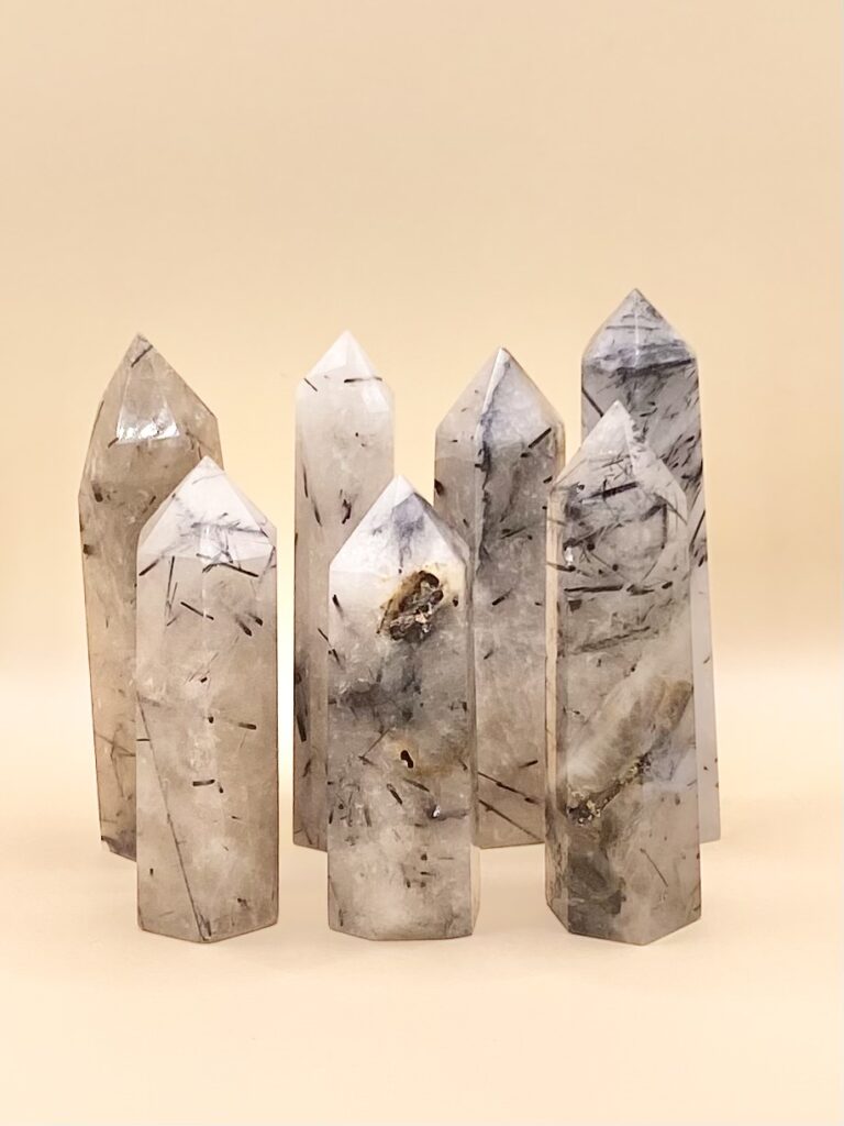 A set of five Black Tourmaline Rutile In Quartz Towers on a beige background.