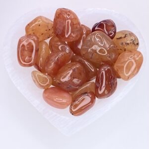 A heart shaped plate filled with Carnelian Tumbled Stones.