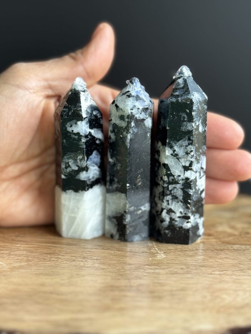 Three black and white gemstone points.