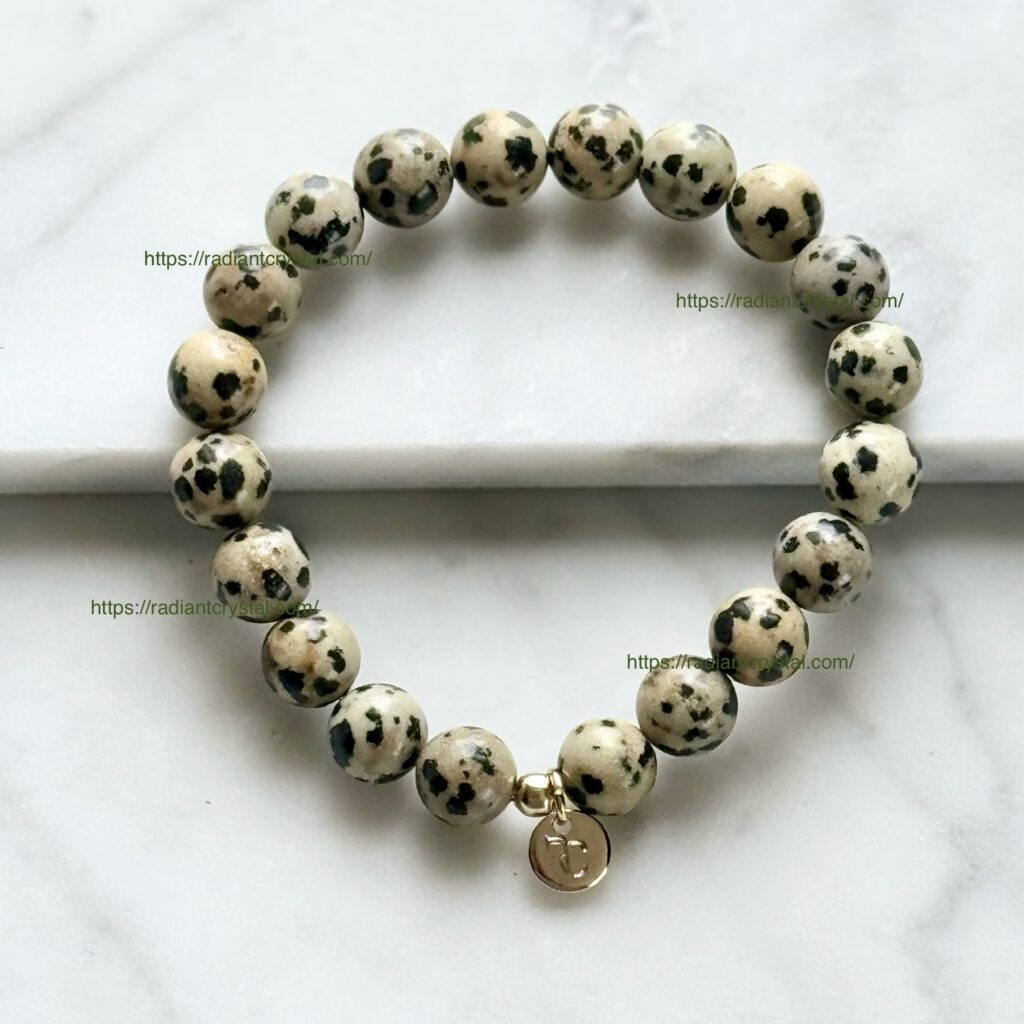 Dalmatian jasper beaded bracelet with charm.