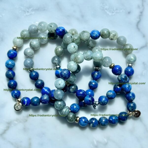 Blue and grey beaded bracelets.