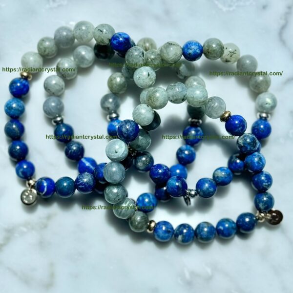 Blue and grey gemstone bracelets.