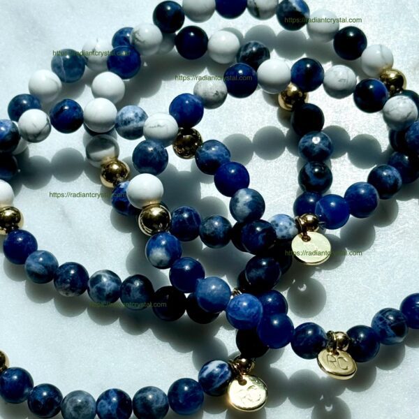 Blue and white gemstone beaded bracelets.