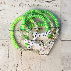 Green and white Faith bracelets.