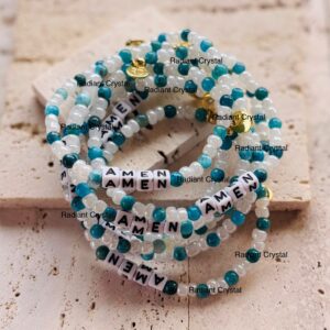 Beaded Amen bracelets in teal and white.