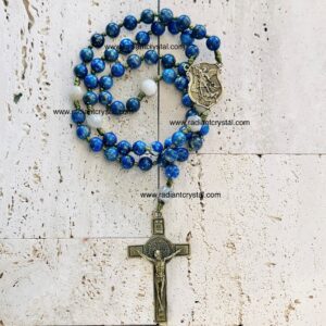 Blue lapis rosary with St. Michael medal.