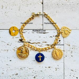 Gold charm bracelet with religious medallions.