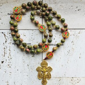 Green aventurine rosary with floral accents.